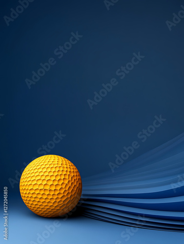 Textured yellow sphere against a blue gradient background with soft wave patterns