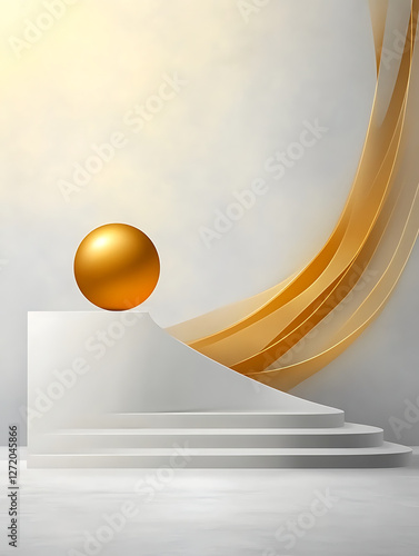 Modern composition featuring a golden sphere on a white pedestal with flowing golden ribbons