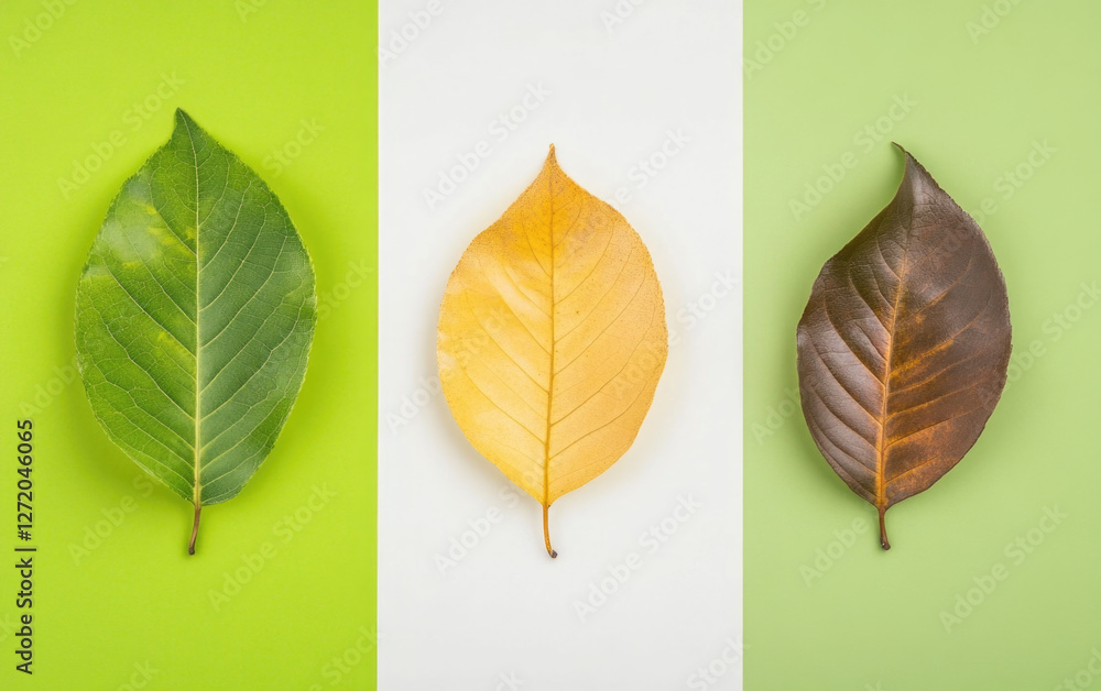 Obraz premium Three unique leaves in a minimalist flat lay on a green backdrop