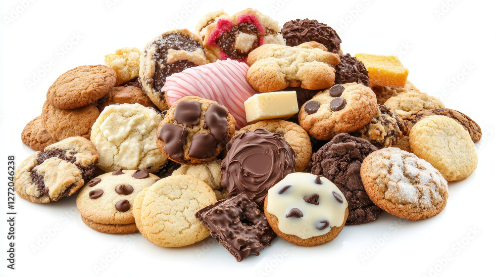 A collection of assorted cookies, including chocolate chip, sugar, and butter varieties, all isolated on a white background A collection of assorted cookies, including chocolate chip, sugar, and butter varieties, all isolated on a white background
