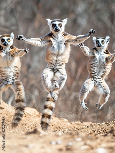 Three Ring Tailed Lemurs Energetically Leap Across Sandy Ground Dynamic Wildlife Action Shot Madagascar Nature Photography Wild Animals Jumping Bush   photo