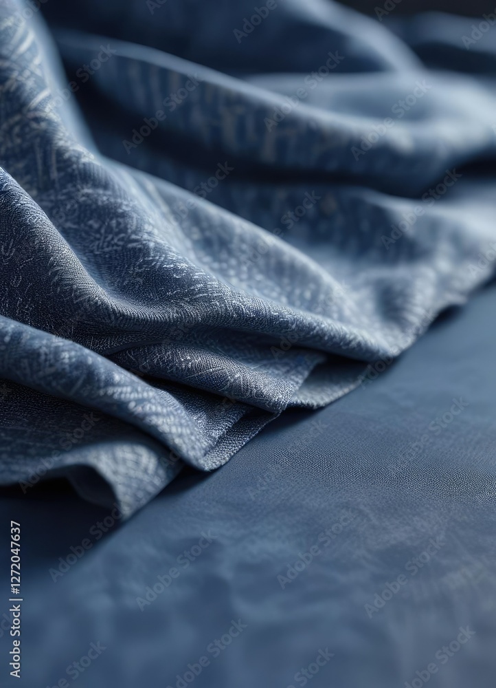 Closeup of folded fabric with shallow depth of field on blue woven ground, fabric folds, Closeup of folded fabric with shallow depth of field on blue woven ground, fabric folds,