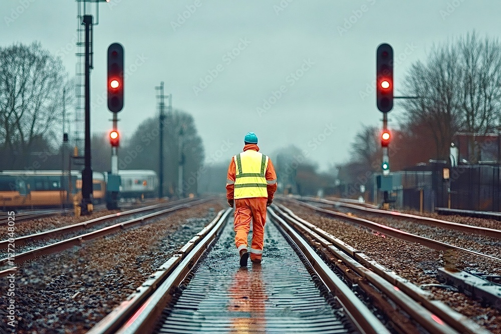 Naklejka premium Railway worker walking along train tracks