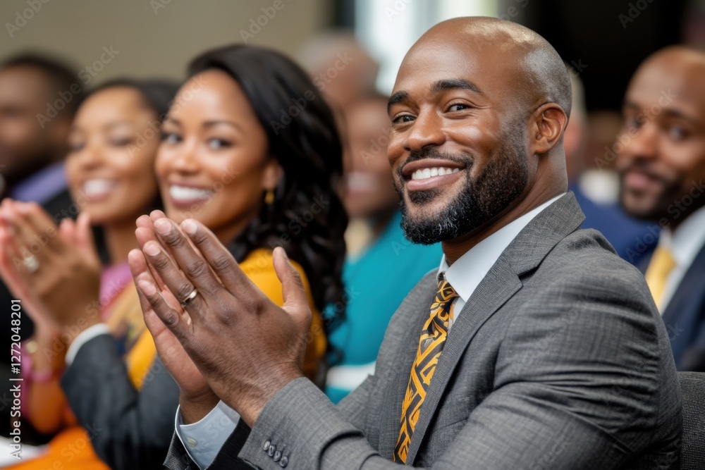 Multi-racial professionals enthusiastically applauding a speaker at a corporate seminar, dressed in business attire, bright and engaging conference hall atmosphere, crisp and high-resolution clarity Multi-racial professionals enthusiastically applauding a speaker at a corporate seminar, dressed in business attire, bright and engaging conference hall atmosphere, crisp and high-resolution clarity