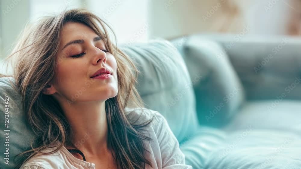 Happy woman relaxes in peaceful morning sunlight, natural beauty expression radiates joy and serenity. Mindful wellness lifestyle moment in cozy bedroom ambiance with tranquil satisfaction Happy woman relaxes in peaceful morning sunlight, natural beauty expression radiates joy and serenity. Mindful wellness lifestyle moment in cozy bedroom ambiance with tranquil satisfaction