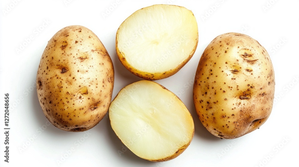 Three freshly picked potatoes are displayed, one halved to reveal a smooth interior. Their earthy tones and unique speckles create an inviting and wholesome appearance Three freshly picked potatoes are displayed, one halved to reveal a smooth interior. Their earthy tones and unique speckles create an inviting and wholesome appearance