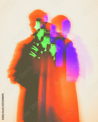 Embraced silhouettes with glowing outlines in abstract artistic expression