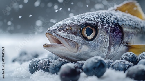 Frozen fish, blueberries, snow, background photo