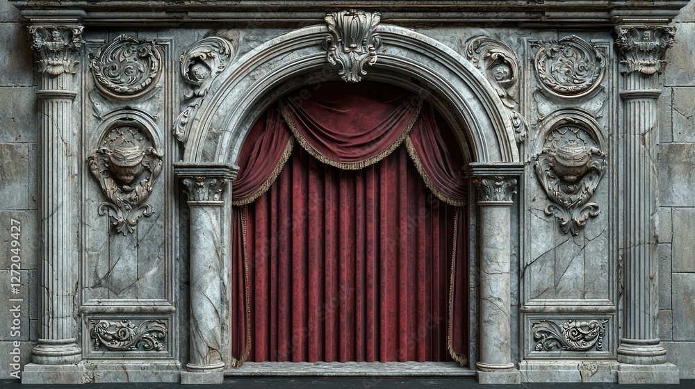 Naklejka premium Ornate stone archway with red curtains, dramatic backdrop