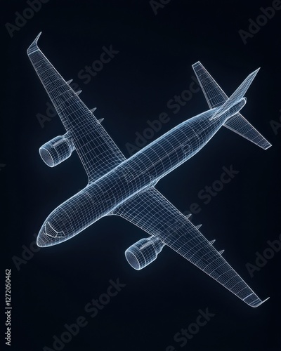 3D Wireframe Model of an Airplane Representing Modern Aviation Technology and Engineering Design