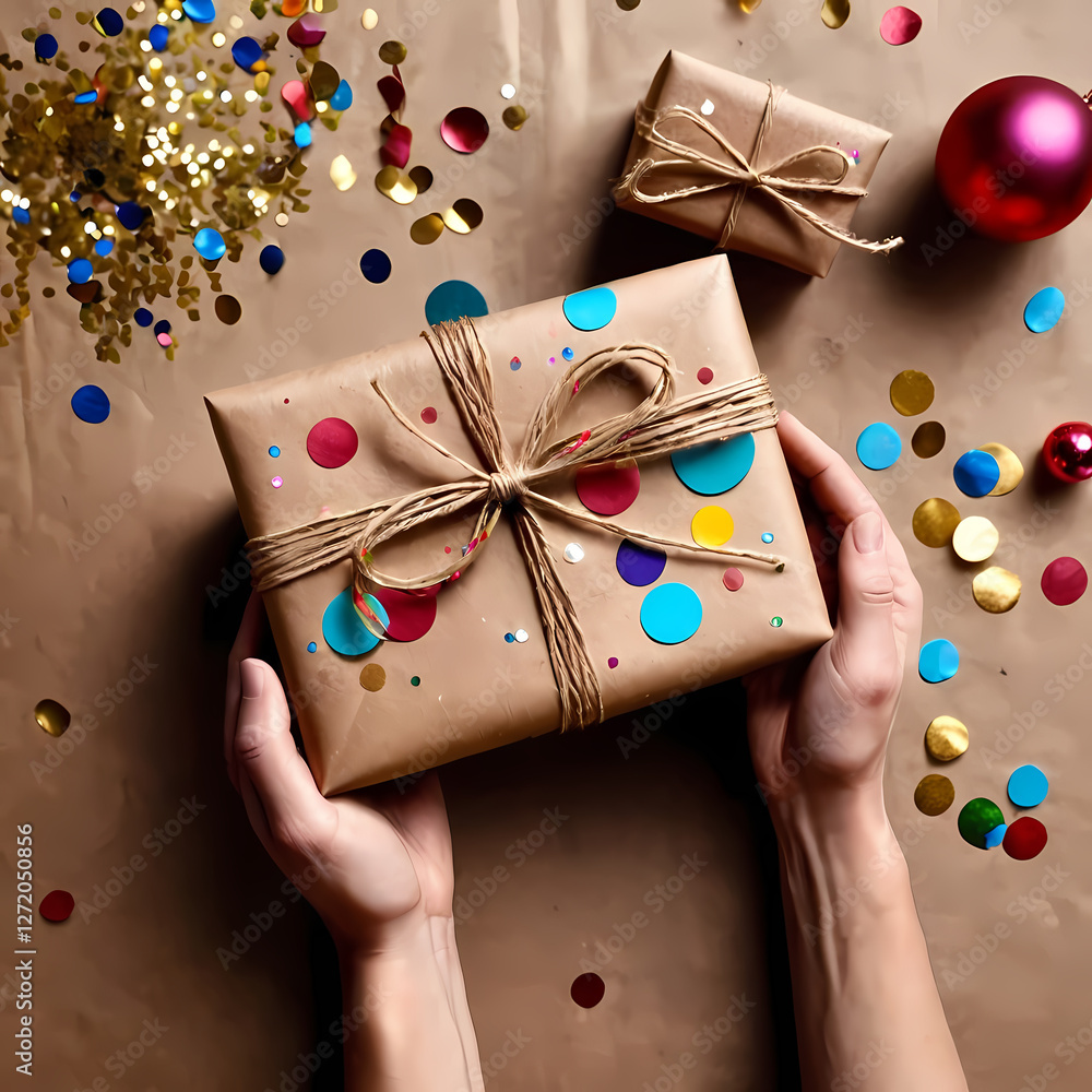 Fototapeta premium Hands presenting a gift wrapped in brown craft paper, adorned with colorful confetti for a festive touch