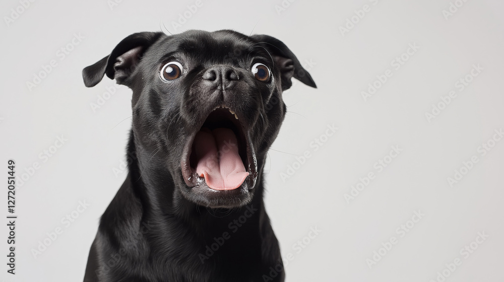 A black dog with its mouth open and eyes wide open. The dog appears to be surprised or scared A black dog with its mouth open and eyes wide open. The dog appears to be surprised or scared
