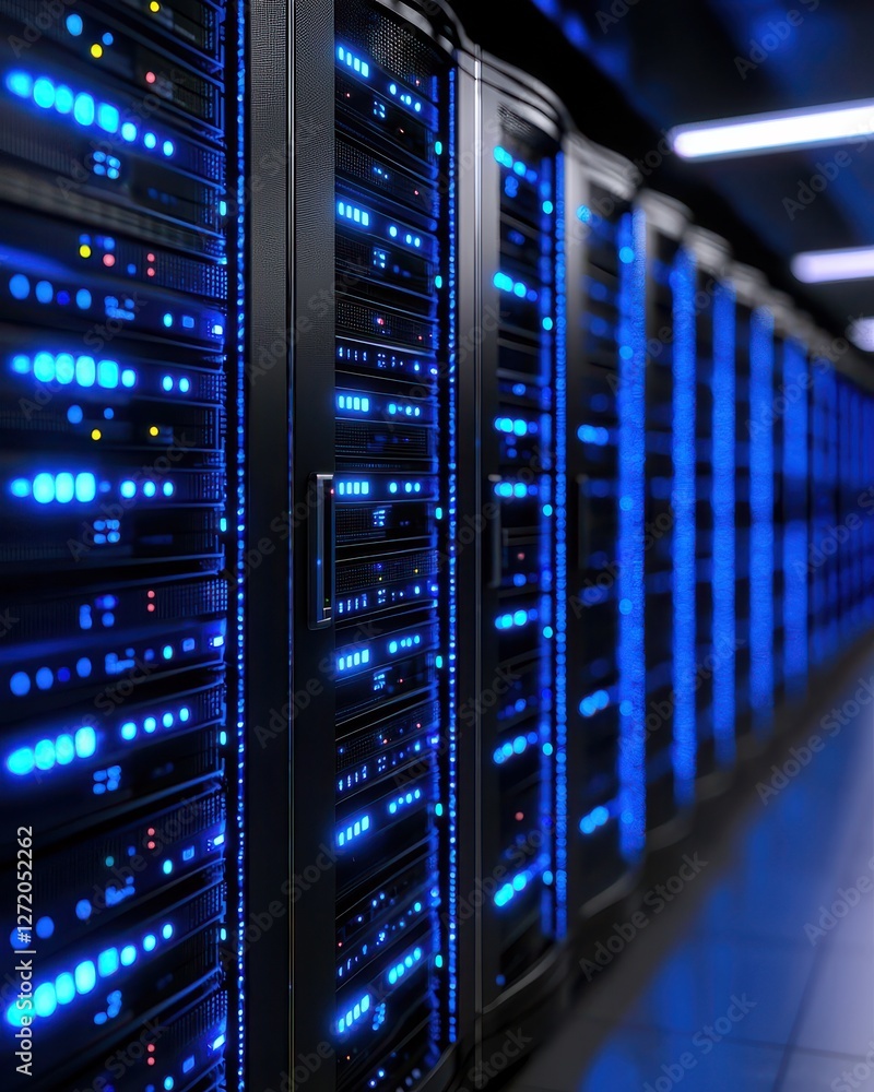 Server Room with Rows of Blue Lighted Racks and Cables in a Modern Data Center Environment Server Room with Rows of Blue Lighted Racks and Cables in a Modern Data Center Environment