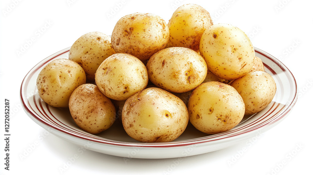 Roasted potato on a plate collection, top view, isolated on white background, food bundle. Roasted potato on a plate collection, top view, isolated on white background, food bundle.