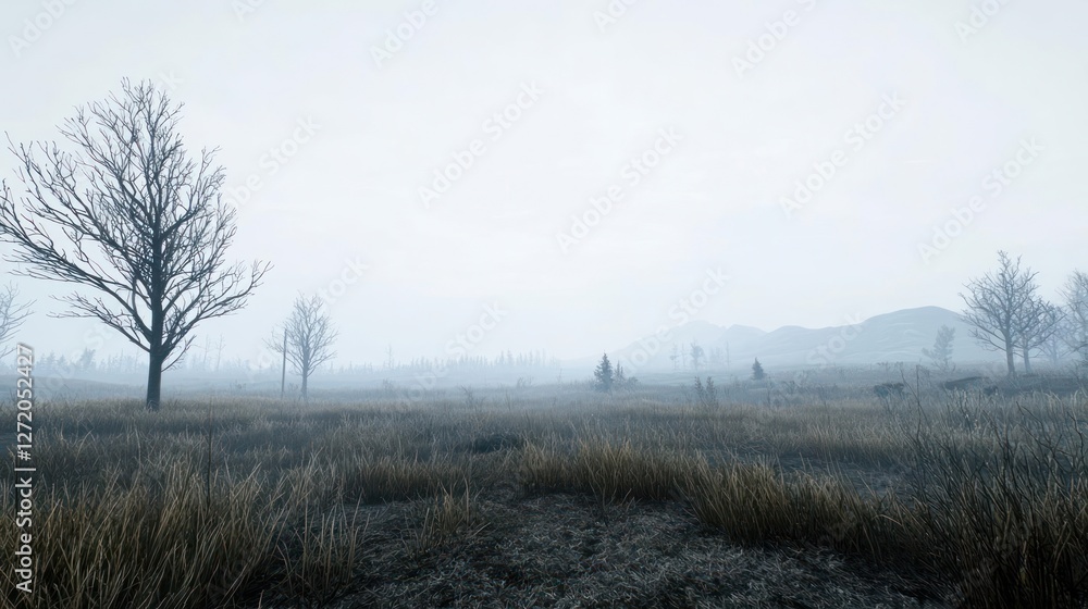 Winter Foggy Landscape with Sparse Trees and Grassy Field Winter Foggy Landscape with Sparse Trees and Grassy Field