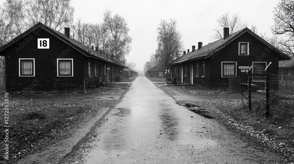 Grey monochrome rows of historic barracks, road leading into distance.  Possible use for Historical study/background
