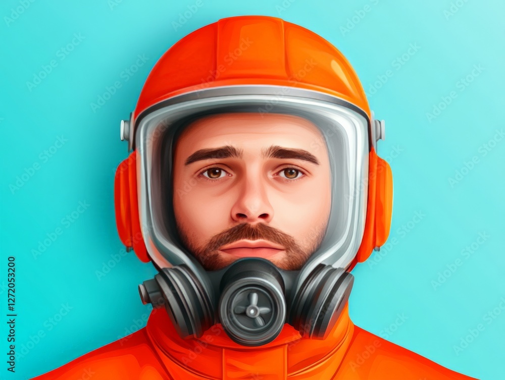 Futuristic astronaut with intense expression wearing high tech red space helmet and visor with dramatic lighting and cosmic theme