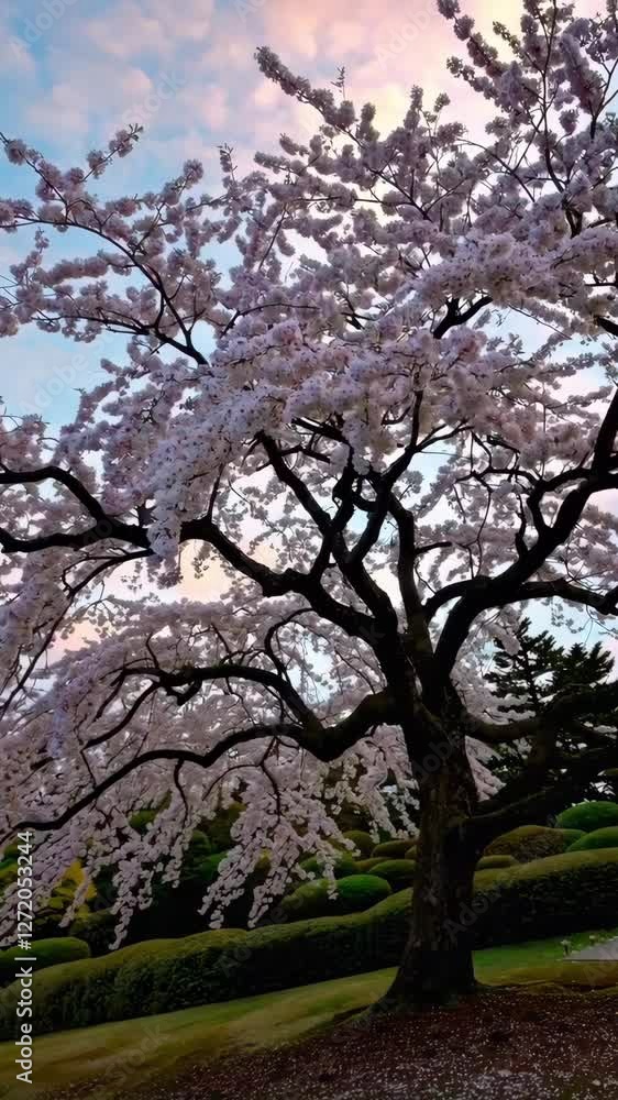 Blooming cherry blossom tree against colorful sky in tranquil garden setting Blooming cherry blossom tree against colorful sky in tranquil garden setting