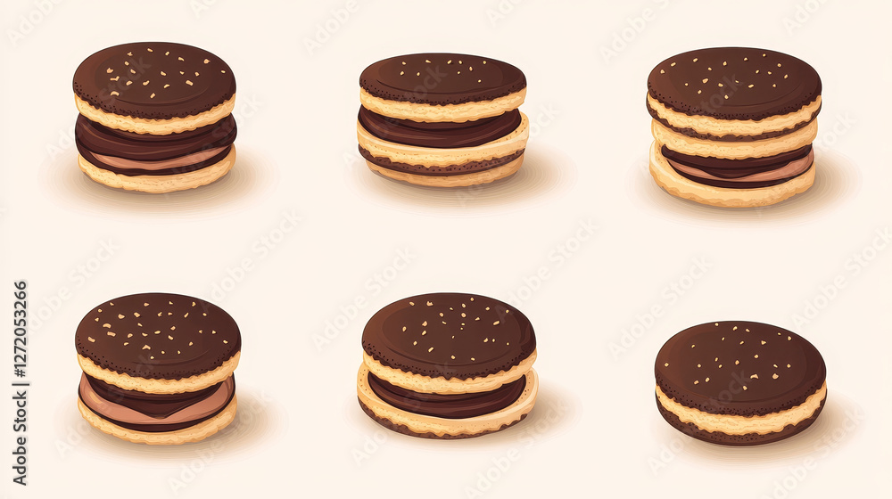 A selection of round biscuit sandwiches layered with chocolate filling, depicted in various positions as vector templates for web design A selection of round biscuit sandwiches layered with chocolate filling, depicted in various positions as vector templates for web design