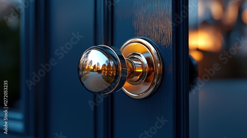 Polished door knob on a dark navy blue door, city lights in the background, ideal for home, house, or apartment design photo