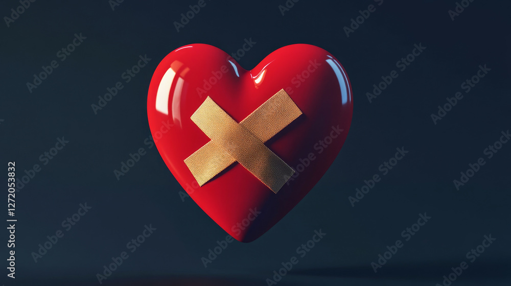 Healing process depicted with red heart and medical bandages against dark background Healing process depicted with red heart and medical bandages against dark background