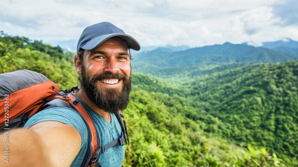 Bearded man enjoys a mountain hike and captures a joyful selfie in lush greenery Bearded man enjoys a mountain hike and captures a joyful selfie in lush greenery
