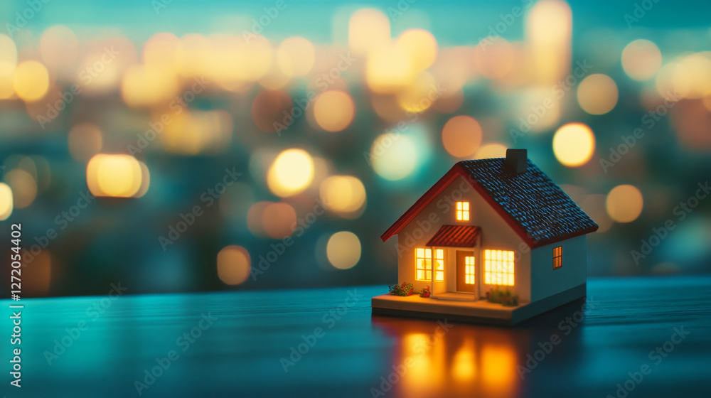 Small house model illuminated on a table with a blurred city background at dusk Small house model illuminated on a table with a blurred city background at dusk