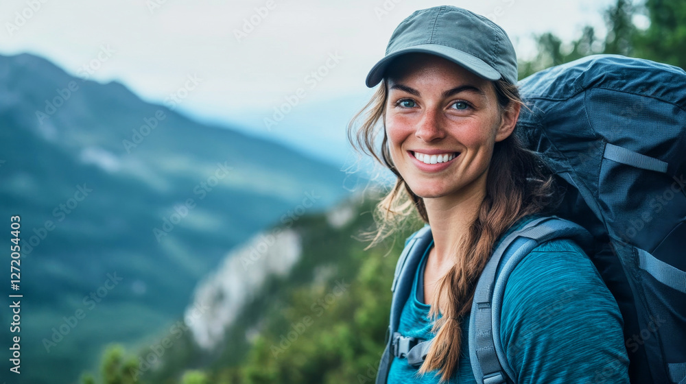 Bearded woman smiles during mountain adventure with breathtaking landscape in the background Bearded woman smiles during mountain adventure with breathtaking landscape in the background
