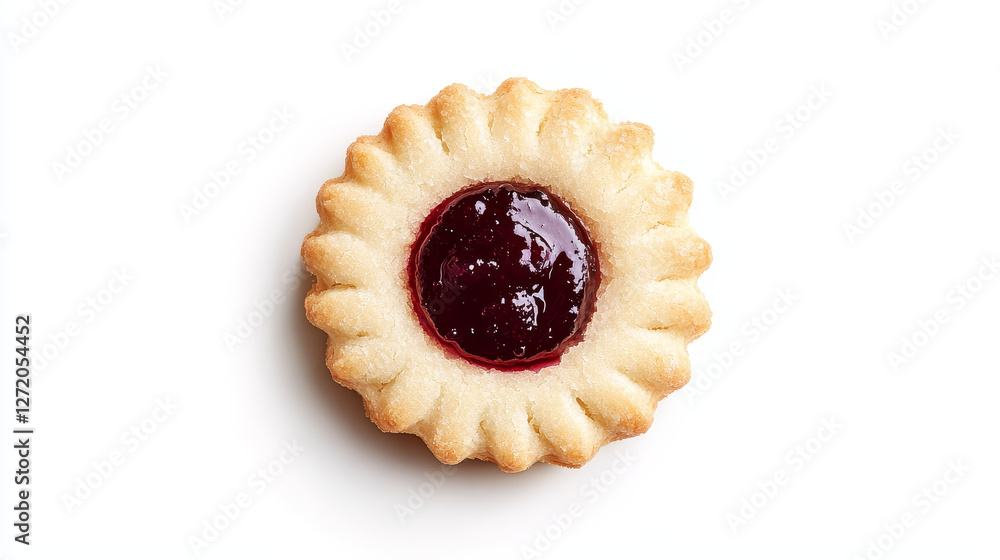A single shortbread cookie with a glossy drop of jam in the center, featuring the classic curabier dessert style, isolated on a white background A single shortbread cookie with a glossy drop of jam in the center, featuring the classic curabier dessert style, isolated on a white background