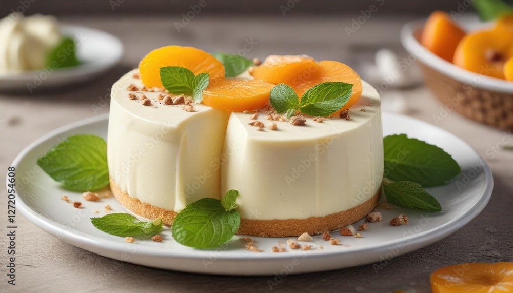 Exquisite white chocolate mousse dessert decorated with apricot slices and mint leaves, dessert, sweet Exquisite white chocolate mousse dessert decorated with apricot slices and mint leaves, dessert, sweet