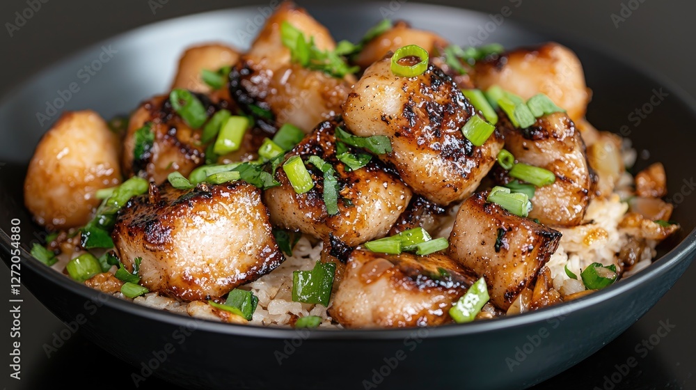 Fried Pork Cubes over Rice Dish, Close-up Fried Pork Cubes over Rice Dish, Close-up