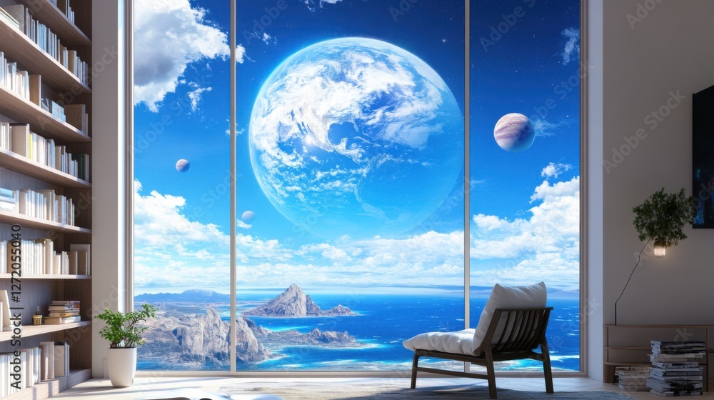 Fototapeta premium room with a large window revealing an impossible world, inside, bookshelves, minimalist decor