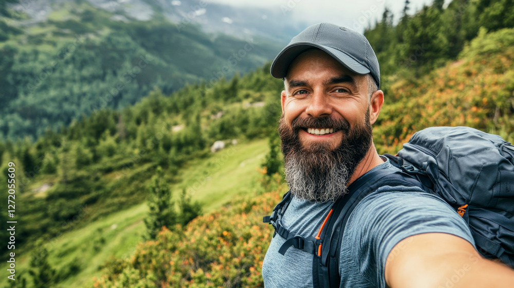 Confident bearded man captures joyful hiking selfie amidst vibrant forest landscape Confident bearded man captures joyful hiking selfie amidst vibrant forest landscape