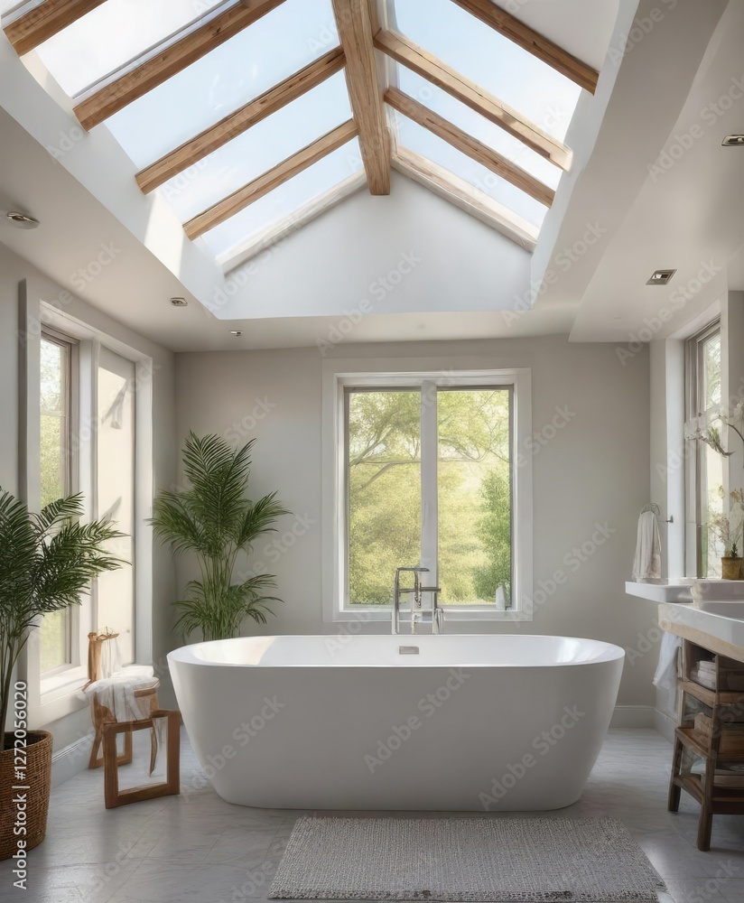 Freestanding tub under skylights with a calming color scheme, bathtub installation, glass walls Freestanding tub under skylights with a calming color scheme, bathtub installation, glass walls