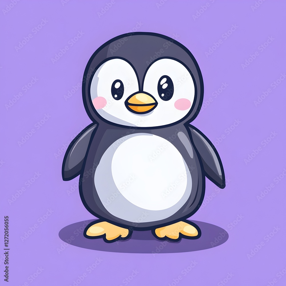 Cute Penguin in Simple Flat-Style Illustration with Purple Background and Bold Outlines Cute Penguin in Simple Flat-Style Illustration with Purple Background and Bold Outlines