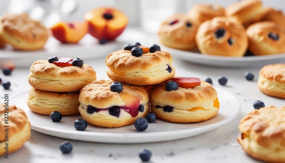 Freshly baked biscuits with peach and blueberry on a white table, blueberries, freshly baked biscuits, food styling Freshly baked biscuits with peach and blueberry on a white table, blueberries, freshly baked biscuits, food styling