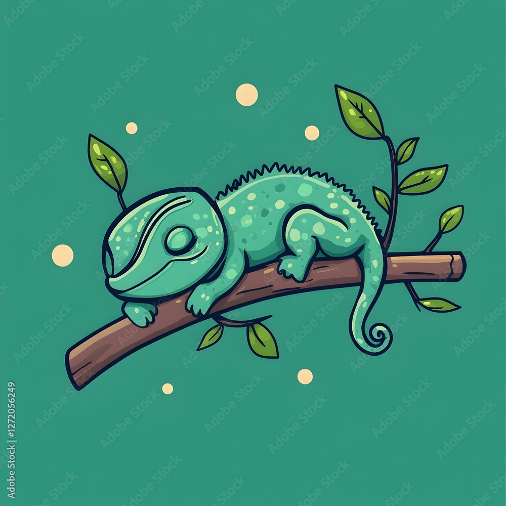 Obraz premium Cute Cartoon Chameleon Sleeping on a Branch with Simple Line Art and Solid Color Background