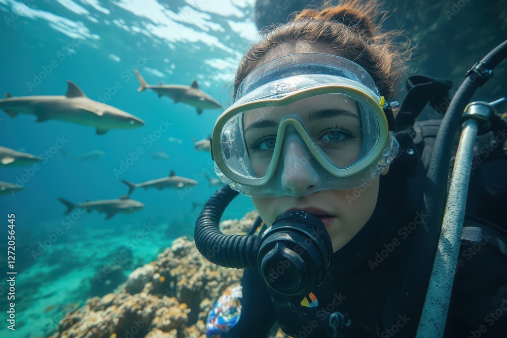 a woman scuba diving with sharks a woman scuba diving with sharks
