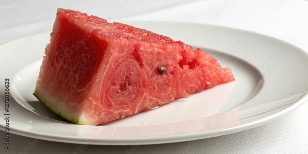Fresh red watermelon chunk on a minimalist white plate, clean, fresh, chunked Fresh red watermelon chunk on a minimalist white plate, clean, fresh, chunked