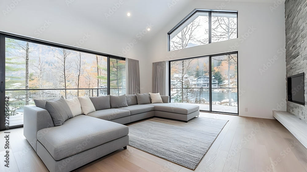 Fototapeta premium Modern grey sectional sofa sits in a bright, minimalist living room with large windows overlooking a scenic forest.