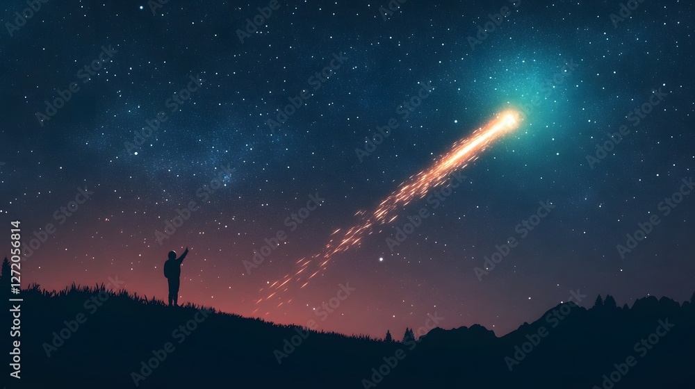 Fototapeta premium Astronaut reaching out towards a distant glowing comet speeding across the starry night sky