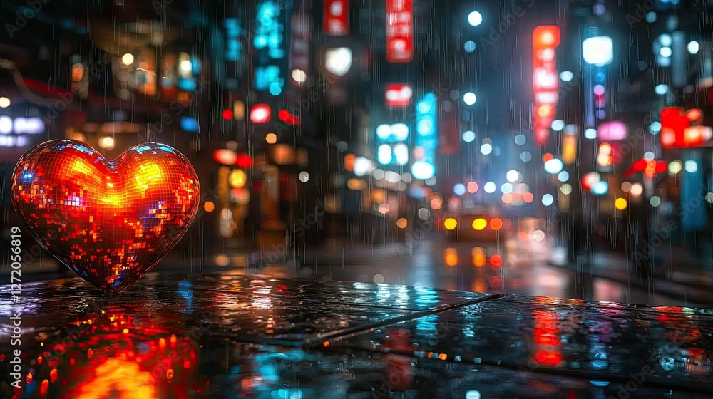 Obraz premium Disco Ball Heart In Rainy City Night