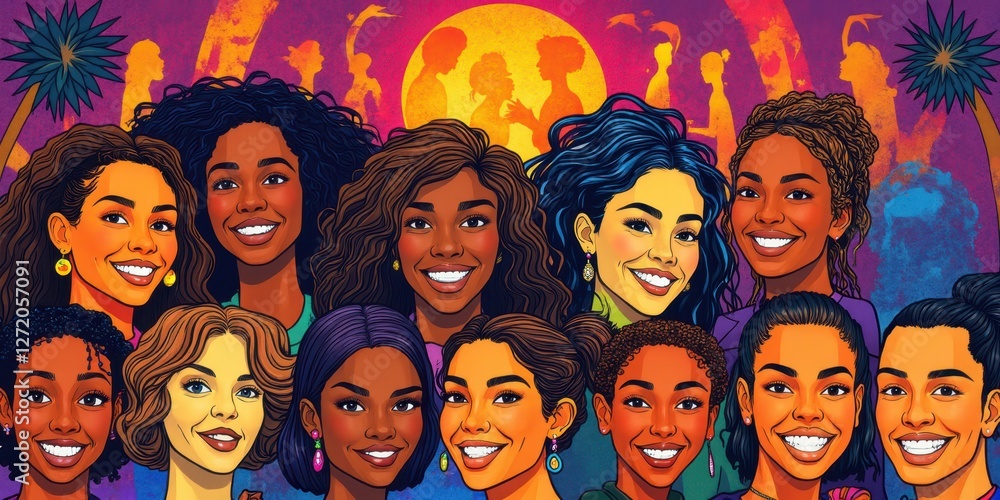 a group of women are smiling in front of a colorful background a group of women are smiling in front of a colorful background