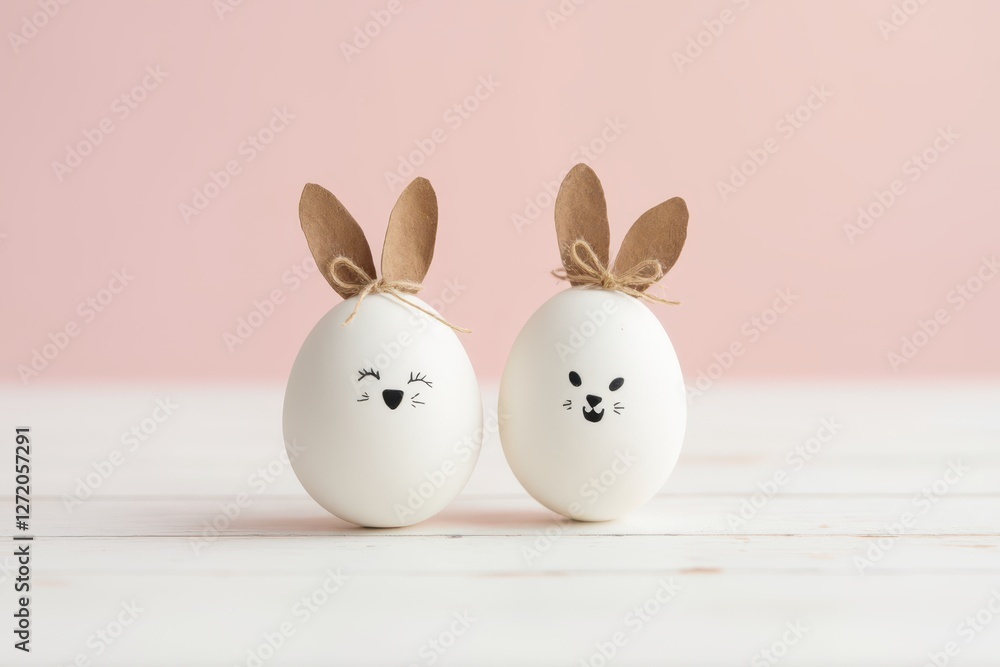 Obraz premium two white eggs with bunny faces on them