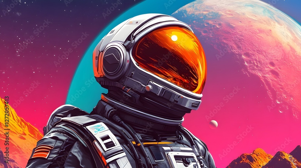 Futuristic Astronaut Drifting Near Vibrant Planetary Rings and Moons Futuristic Astronaut Drifting Near Vibrant Planetary Rings and Moons