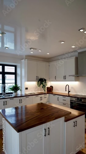Modern kitchen interior with wooden island and ambient lighting in sleek white design