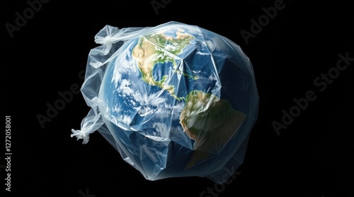 Plastic wrap suffocating the Earth as a symbol of environmental crisis and pollution in modern times photo