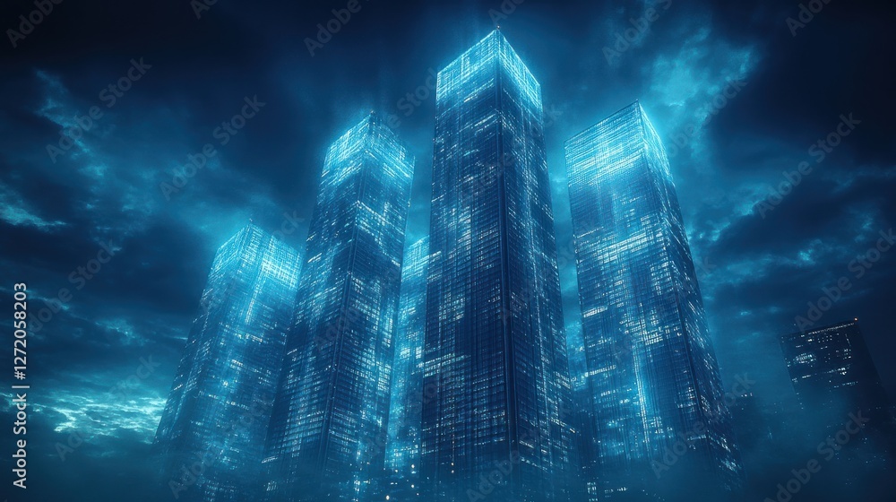 Obraz premium Futuristic city towers glowing at night