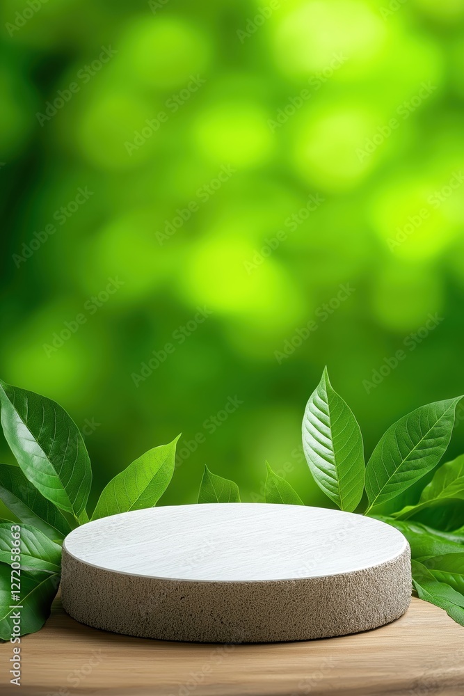 Empty gray round podium surrounded by green natural spring foliage in a serene outdoor setting Empty gray round podium surrounded by green natural spring foliage in a serene outdoor setting
