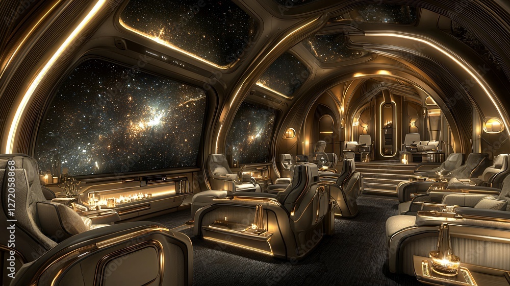 Luxurious spaceship lounge, cosmic view Luxurious spaceship lounge, cosmic view